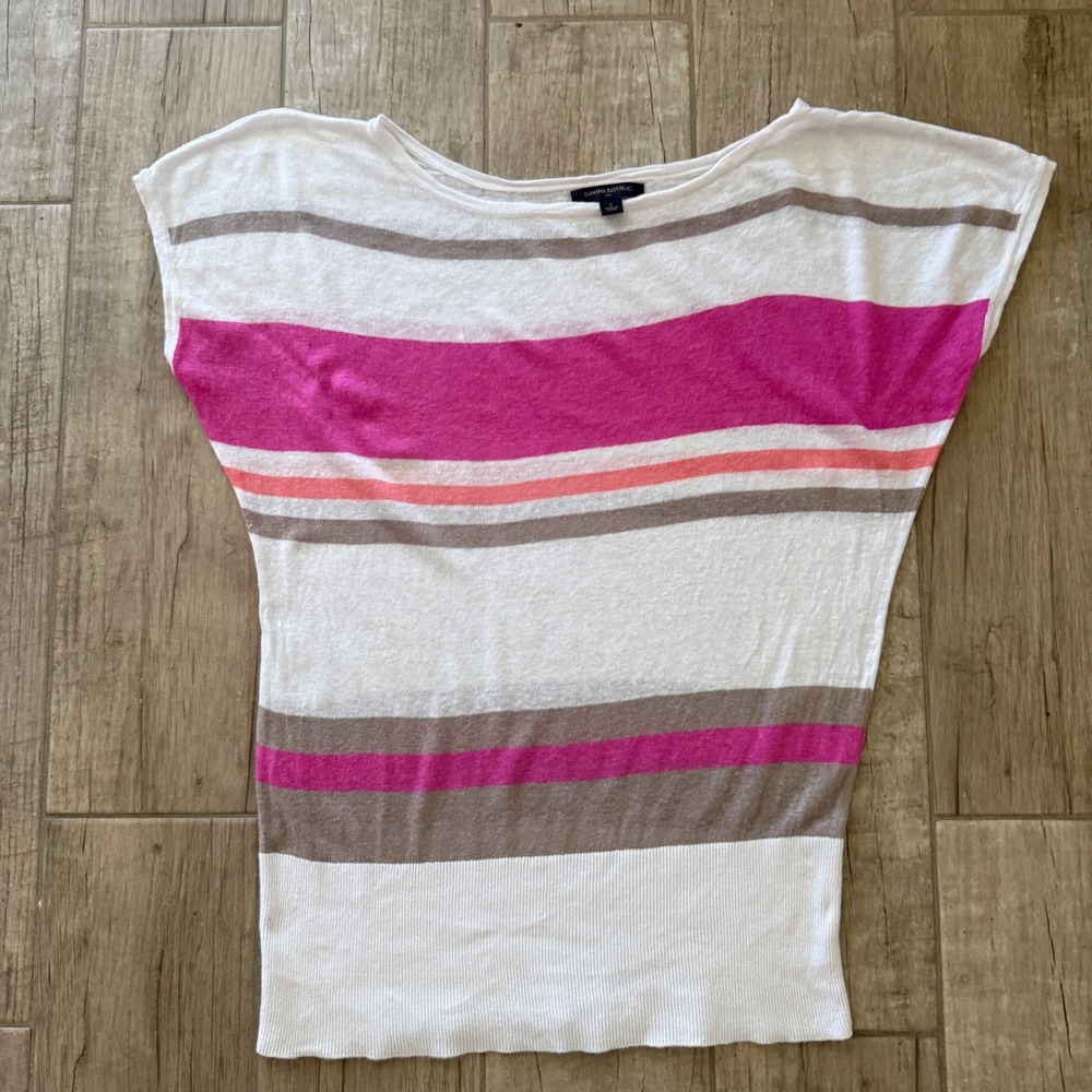 Banana Republic Womens Short Sleeve Striped Linen Blend Top Pink White Size S